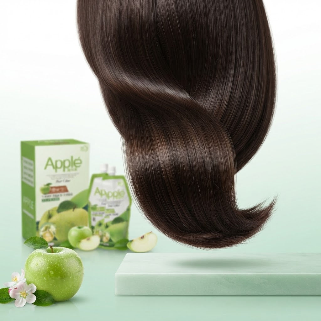 A large, glossy, dark brown hair extension or wig swirled in the air, with Apple Care packaging and a green apple displayed in the background on a light mint green surface.
Natural dark Apple Hair Color shade