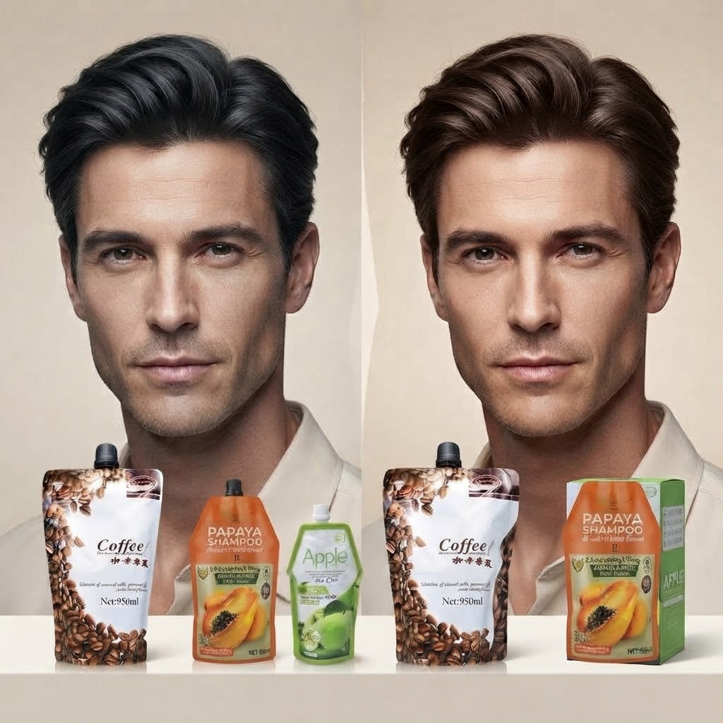 Men's hair color before and after transformation with Coffee Papaya and Apple hair colors