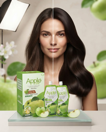 A woman with long, dark brown hair stands behind a split-screen display showing before-and-after hair results, with Apple hair care pouches and a box placed on a tray in the foreground. The scene includes green apple graphics and a studio light in the background.
Apple Hair Color natural dark result on hair